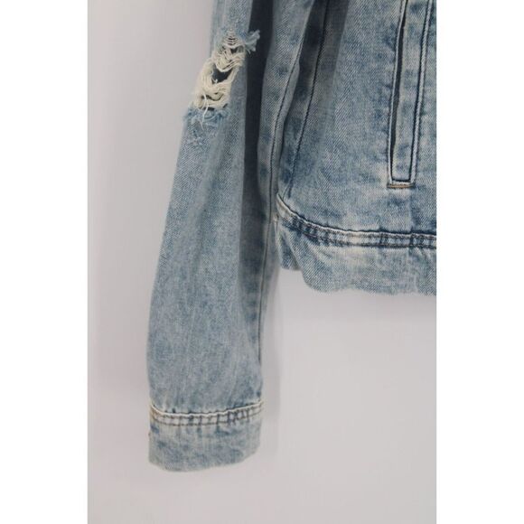 FREE PEOPLE DISTRESSED DESTROYED Denim Jacket Women's Size XS Light Indigo - Picture 6 of 12
